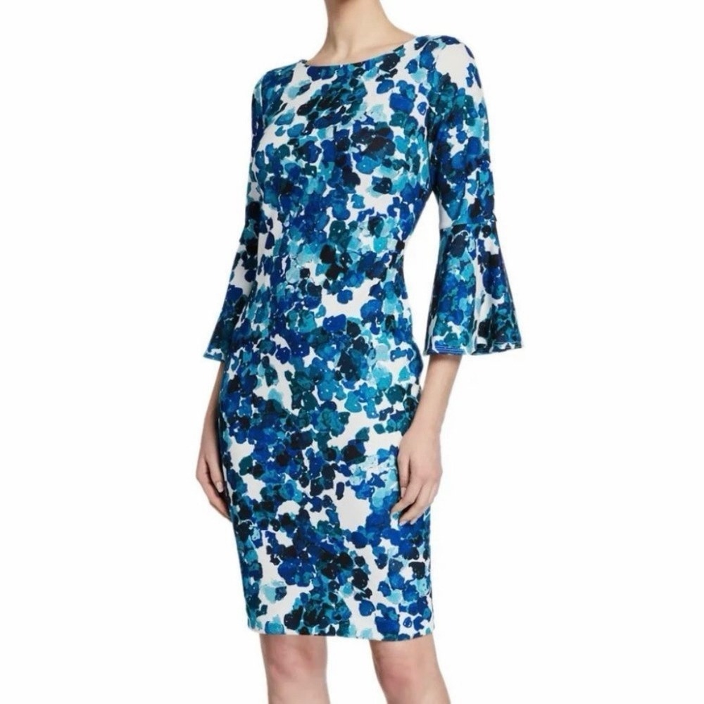 Calvin Klein Blue Floral 3/4 Bell Sleeve Stretch Sheath Dress Size‎ 6